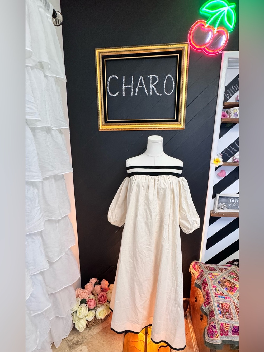 STYLEWE Cream Of-The-Shoulder Puff Sleeve Dress with Black Trim - Picture 12 of 12